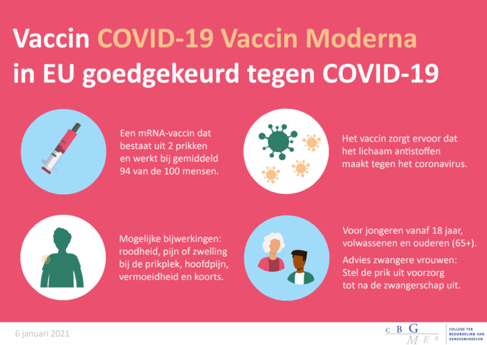 210106-vaccin-moderna Vaccin COVID-19 Vaccin Moderna in EU goedgekeurd tegen COVID-19 Een mRNA-vaccin dat bestaat uit 2 prikken en werkt bij gemiddeld 94 van de 100 mensen. Het vaccin zorgt ervoor dat het lichaam antistoffen maakt tegen het coronavirus Mogelijke bijwerkingen: roodheid, pijn of zwelling hij de prikplek, hoofdpijn, vermoeidheid en koorts. Voor jongeren vanaf 18 jaar, volwassenen en ouderen (65+). Advies zwangere vrouwen: Stel de prik uit voorzorg tot na de zwangerschap uit. Documenten Vaccin in het kort: COVID-19 Vaccin Moderna In ‘Vaccin in het kort’ voor het coronavaccin Comirnaty staat op één A4 in begrijpelijke taal de voor- en nadelen van het vaccin. ... Publicatie | 06-01-2021